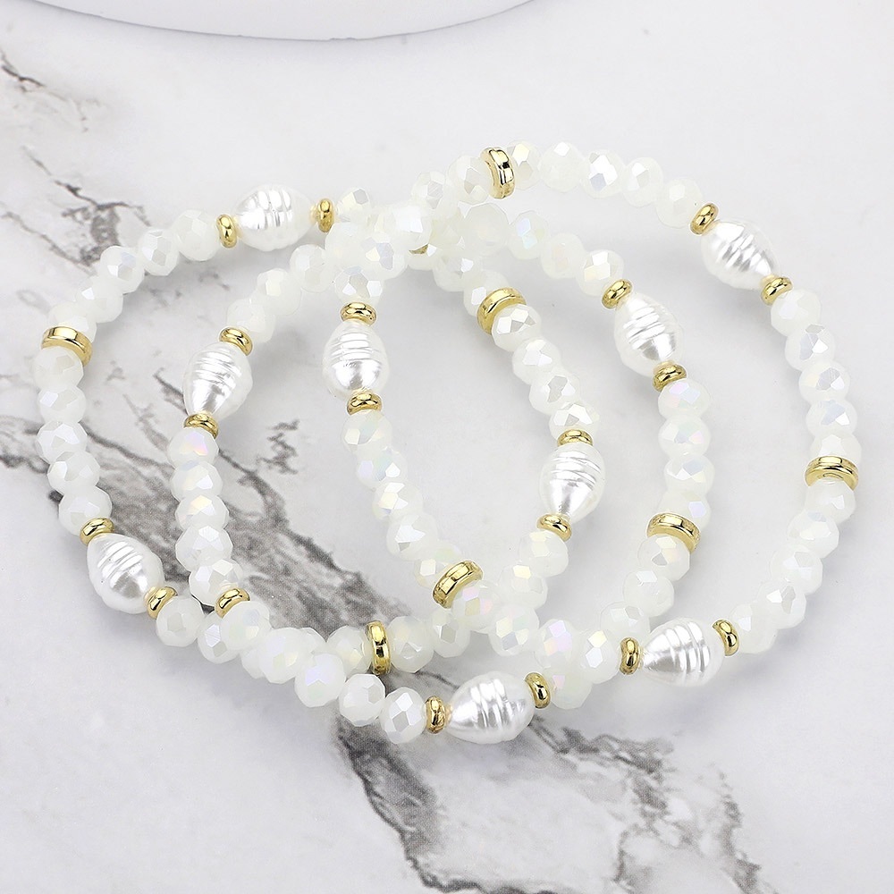 Pearl Faceted Beaded White and Gold Stretch Bracelet